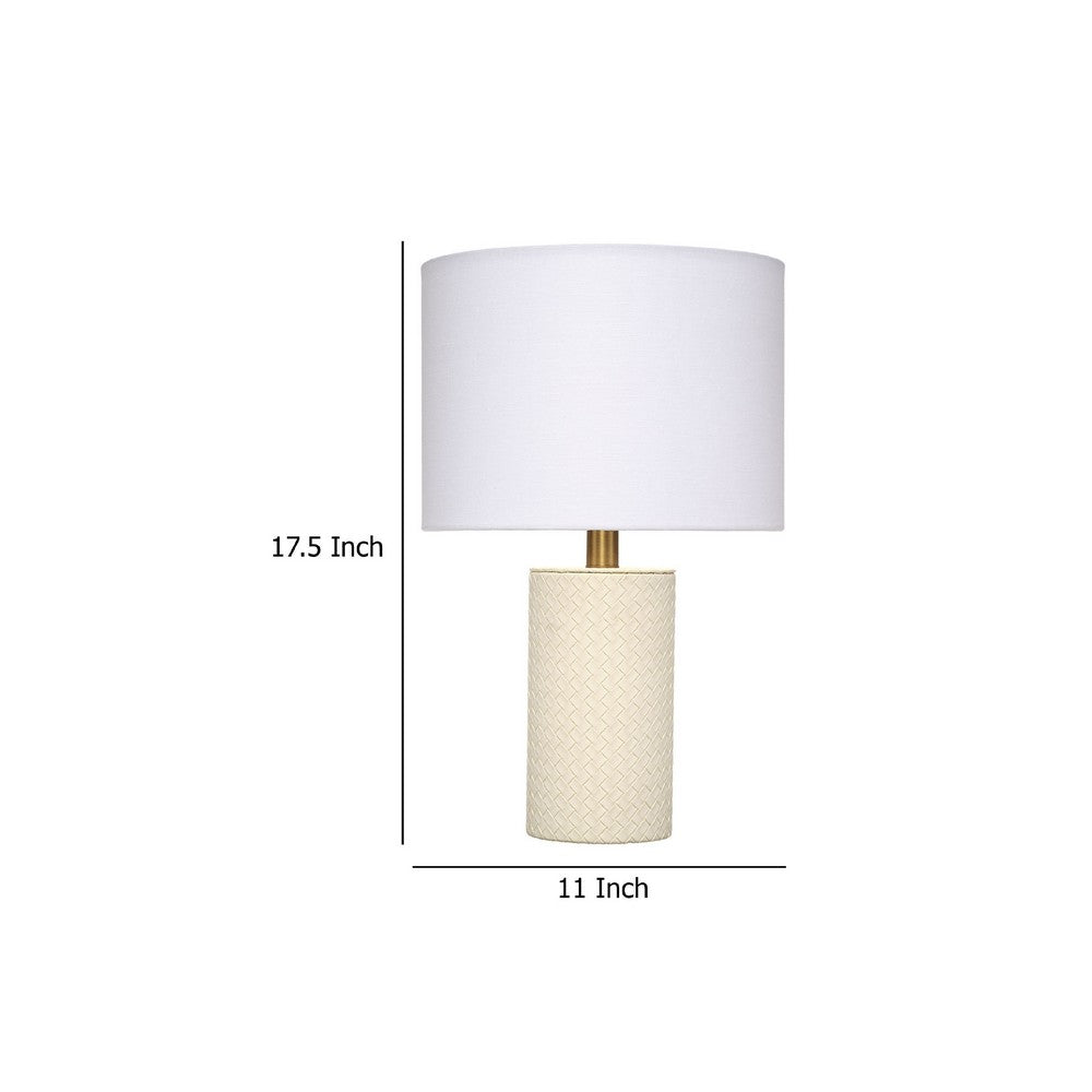 Benjara Myn Table Lamp, 18 Inch, White Linen Drum Shade, Cream Leather Base