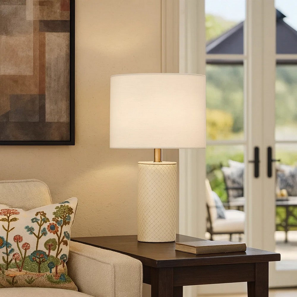 Benjara Myn Table Lamp, 18 Inch, White Linen Drum Shade, Cream Leather Base