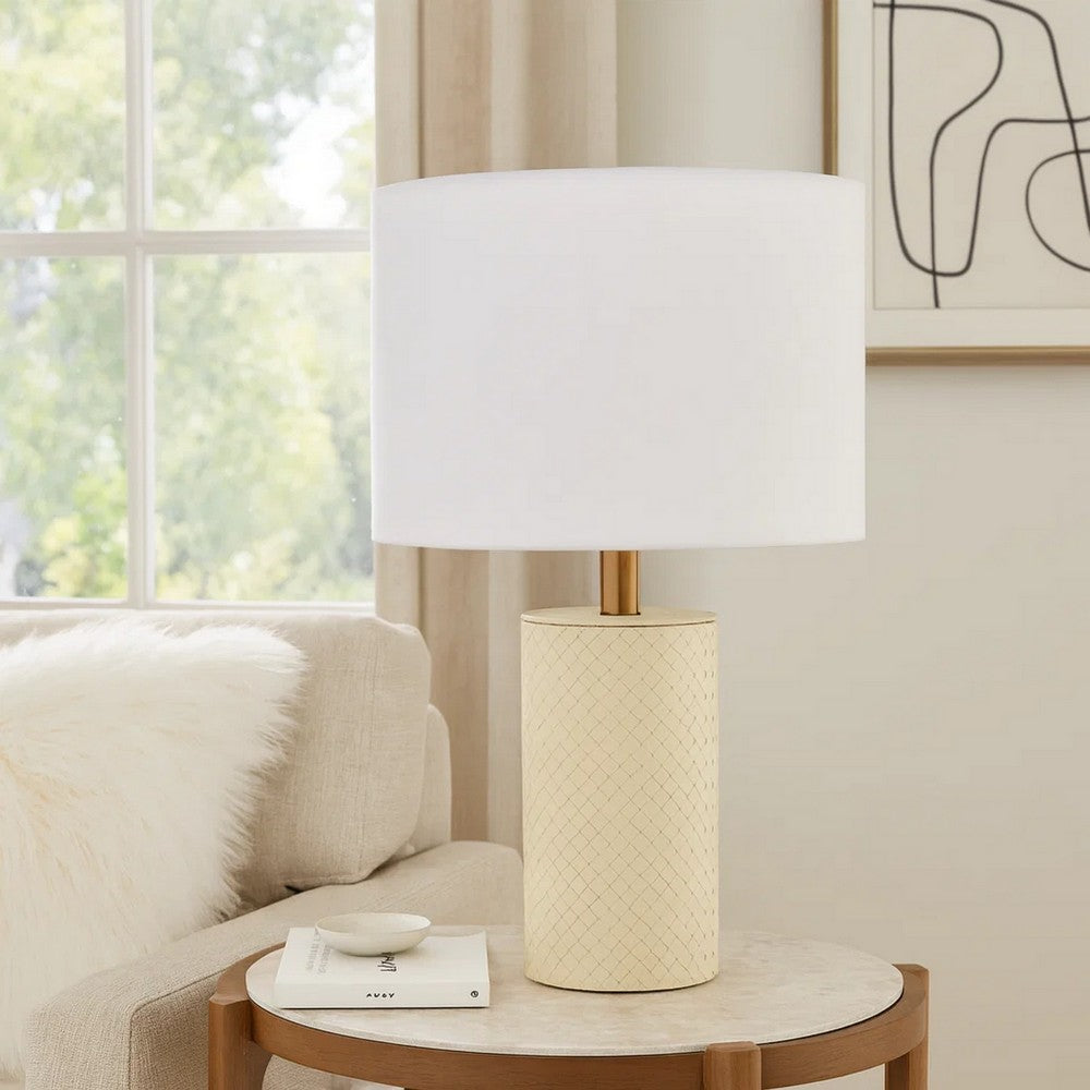 Benjara Myn Table Lamp, 18 Inch, White Linen Drum Shade, Cream Leather Base
