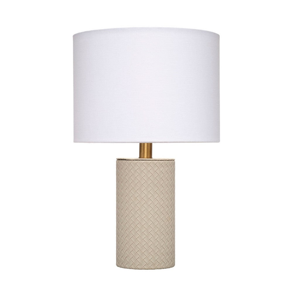 Benjara Myn Table Lamp, 18 Inch, White Linen Drum Shade, Gray Leather Base