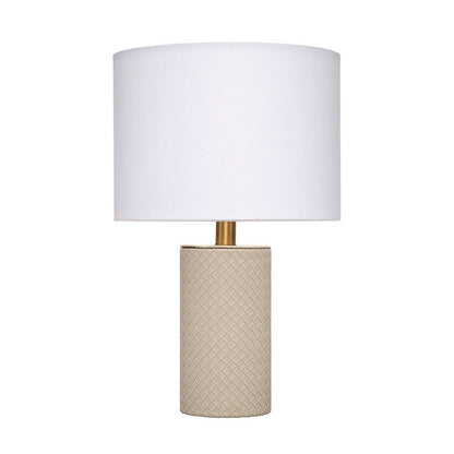 Benjara Myn Table Lamp, 18 Inch, White Linen Drum Shade, Gray Leather Base