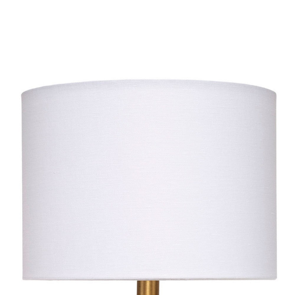Benjara Myn Table Lamp, 18 Inch, White Linen Drum Shade, Gray Leather Base