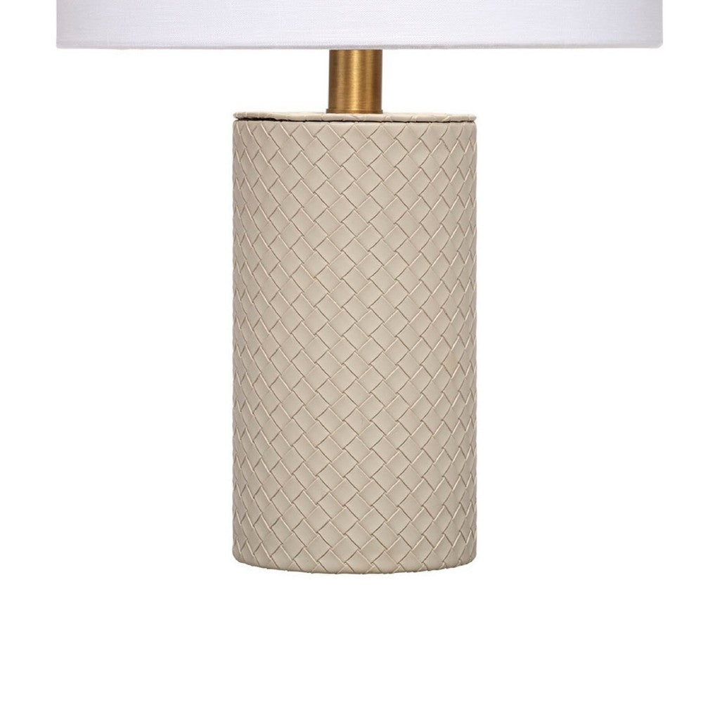Benjara Myn Table Lamp, 18 Inch, White Linen Drum Shade, Gray Leather Base