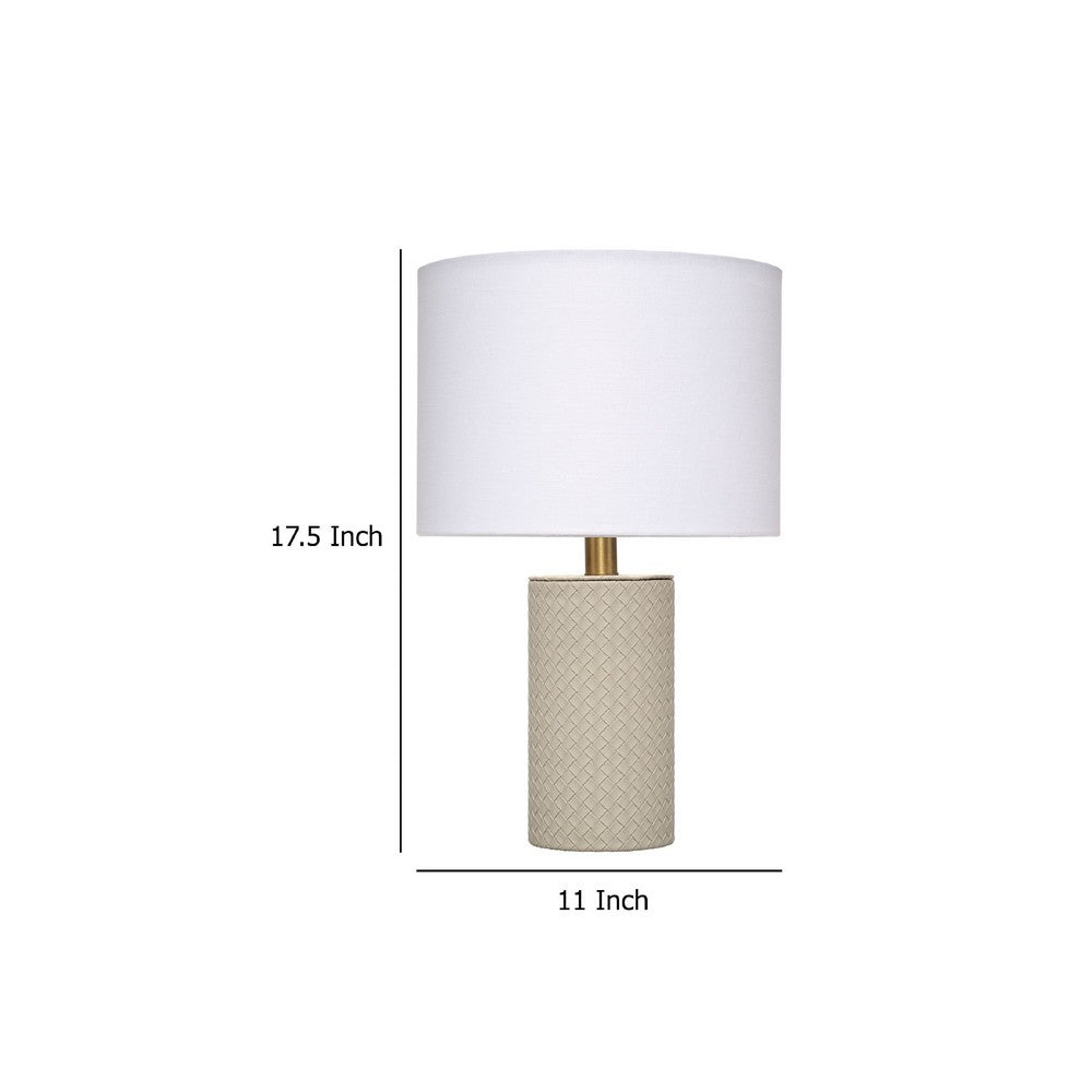 Benjara Myn Table Lamp, 18 Inch, White Linen Drum Shade, Gray Leather Base