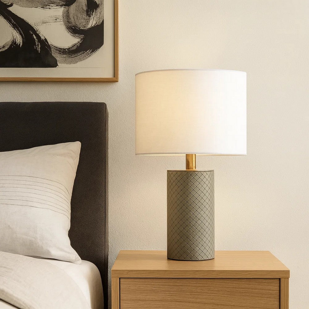 Benjara Myn Table Lamp, 18 Inch, White Linen Drum Shade, Gray Leather Base