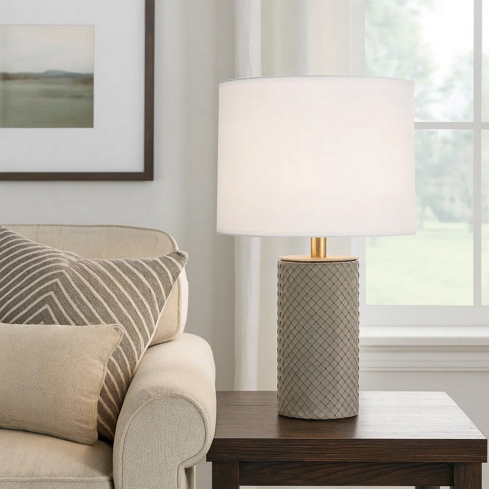 Benjara Myn Table Lamp, 18 Inch, White Linen Drum Shade, Gray Leather Base