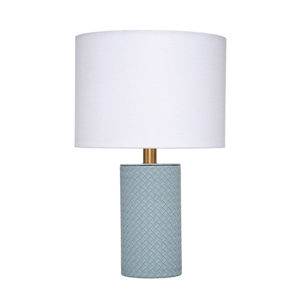 Benjara Myn Table Lamp, 18 Inch, White Linen Drum Shade, Blue Leather Base
