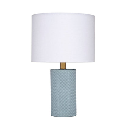 Benjara Myn Table Lamp, 18 Inch, White Linen Drum Shade, Blue Leather Base