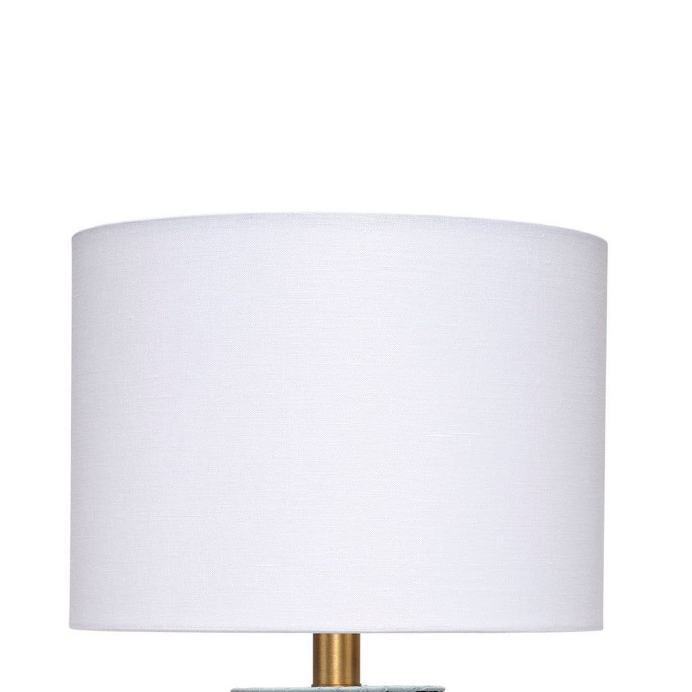 Benjara Myn Table Lamp, 18 Inch, White Linen Drum Shade, Blue Leather Base