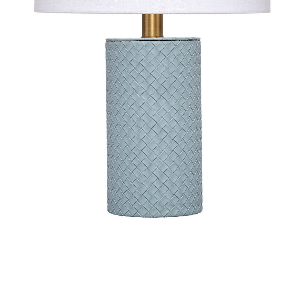 Benjara Myn Table Lamp, 18 Inch, White Linen Drum Shade, Blue Leather Base