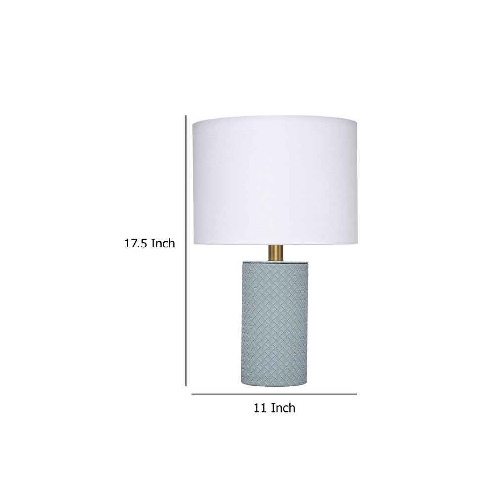 Benjara Myn Table Lamp, 18 Inch, White Linen Drum Shade, Blue Leather Base