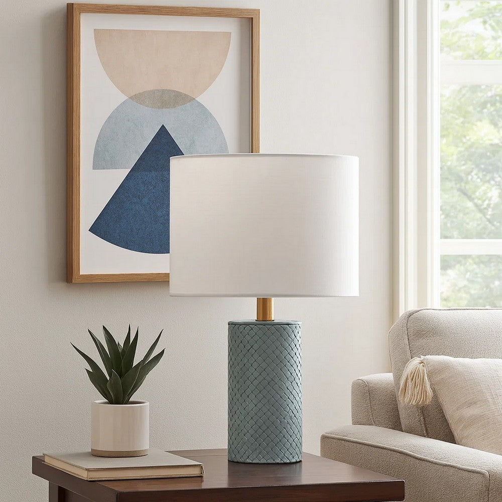 Benjara Myn Table Lamp, 18 Inch, White Linen Drum Shade, Blue Leather Base