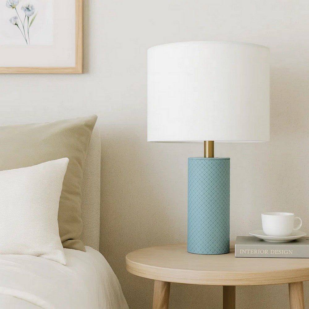 Benjara Myn Table Lamp, 18 Inch, White Linen Drum Shade, Blue Leather Base