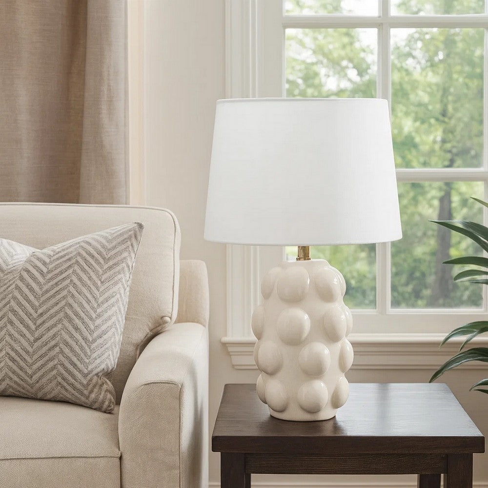 Benjara Lizy Accent Table Lamp, White Linen Shade, Bubble Ceramic Base 20 Inch