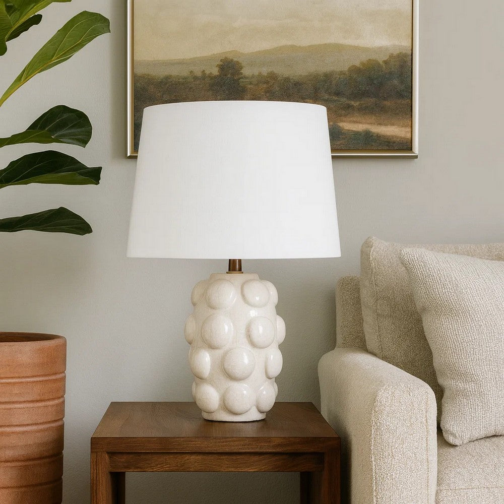 Benjara Lizy Accent Table Lamp, White Linen Shade, Bubble Ceramic Base 20 Inch