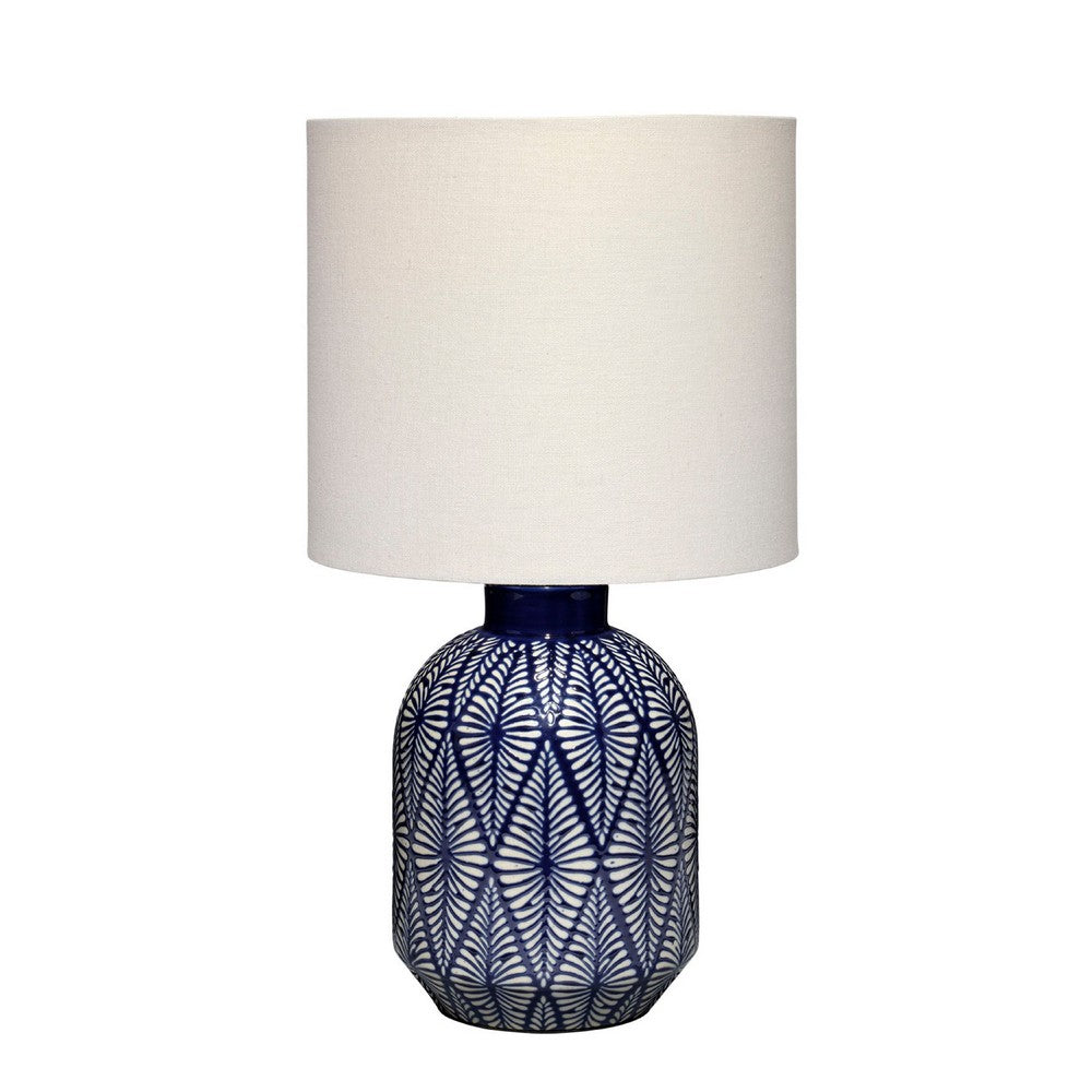 Benjara Hyla Accent Table Lamp, 17 Inch, Cream Linen, Blue Geometric Ceramic
