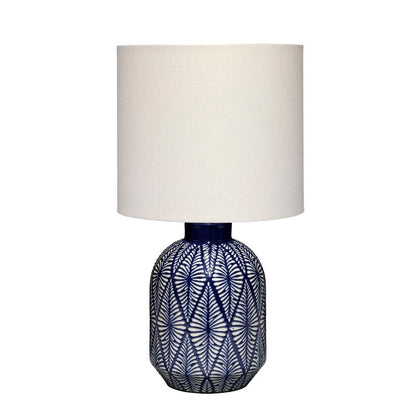Benjara Hyla Accent Table Lamp, 17 Inch, Cream Linen, Blue Geometric Ceramic