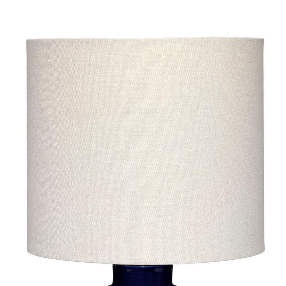 Benjara Hyla Accent Table Lamp, 17 Inch, Cream Linen, Blue Geometric Ceramic