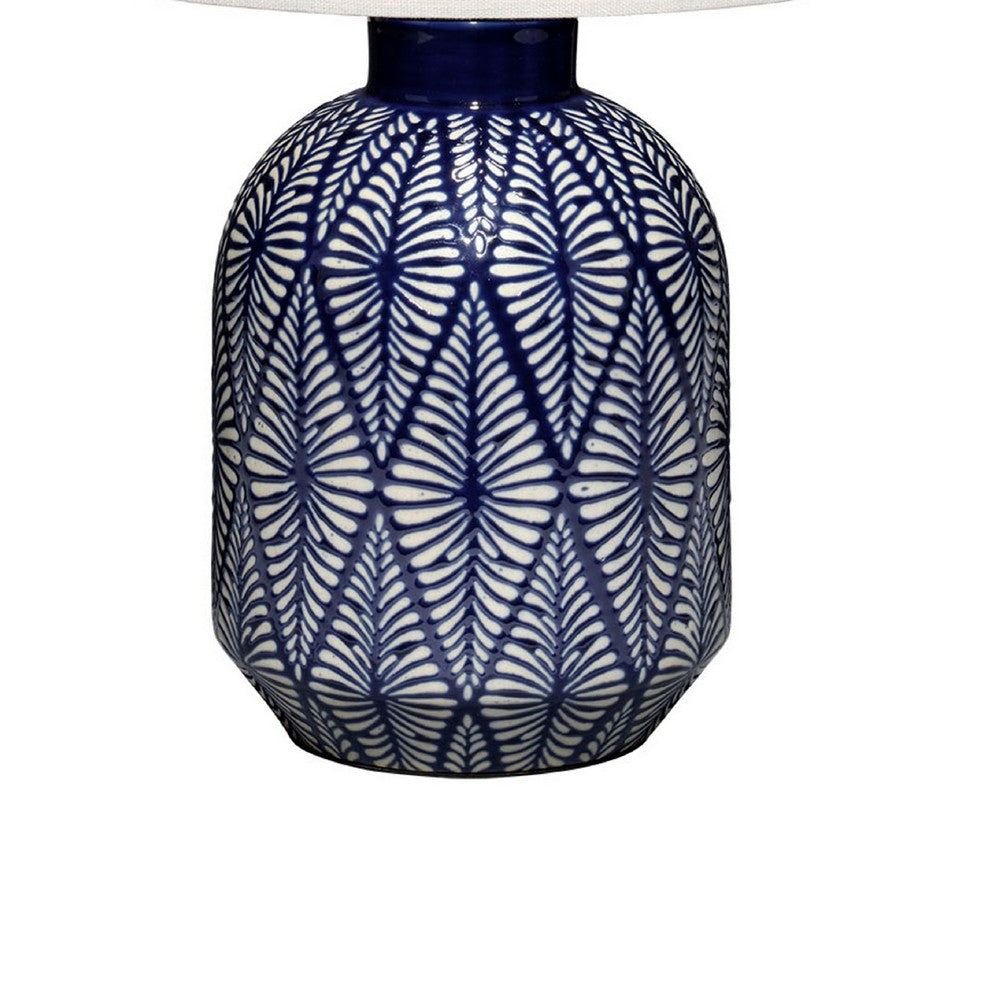 Benjara Hyla Accent Table Lamp, 17 Inch, Cream Linen, Blue Geometric Ceramic