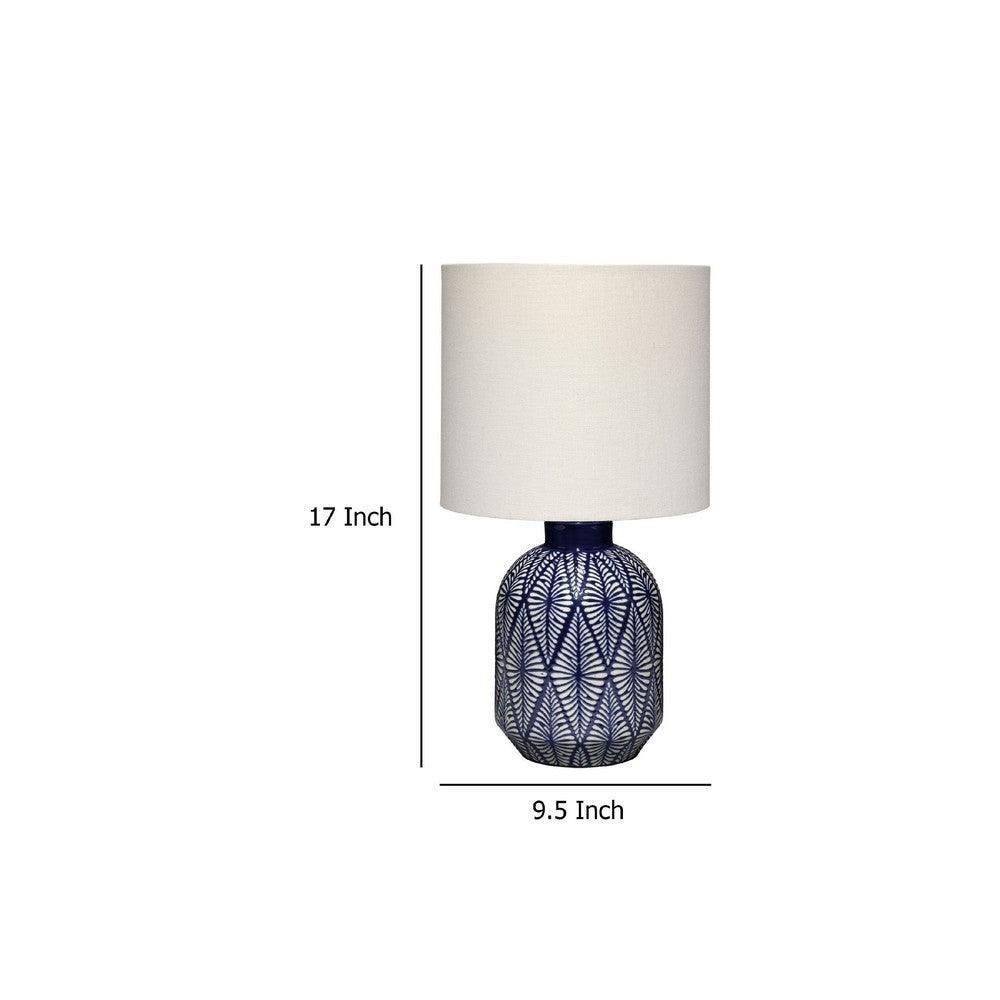 Benjara Hyla Accent Table Lamp, 17 Inch, Cream Linen, Blue Geometric Ceramic