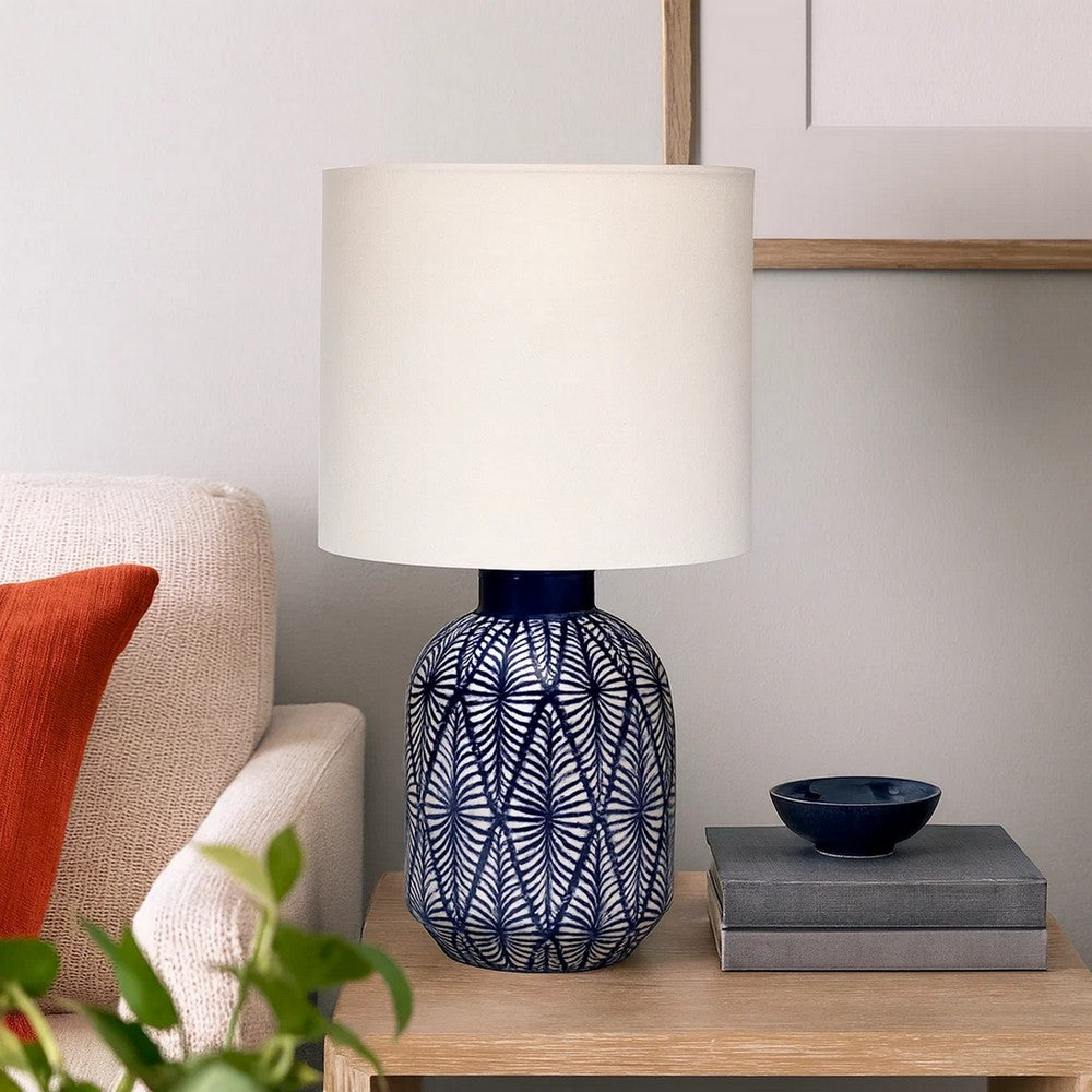 Benjara Hyla Accent Table Lamp, 17 Inch, Cream Linen, Blue Geometric Ceramic
