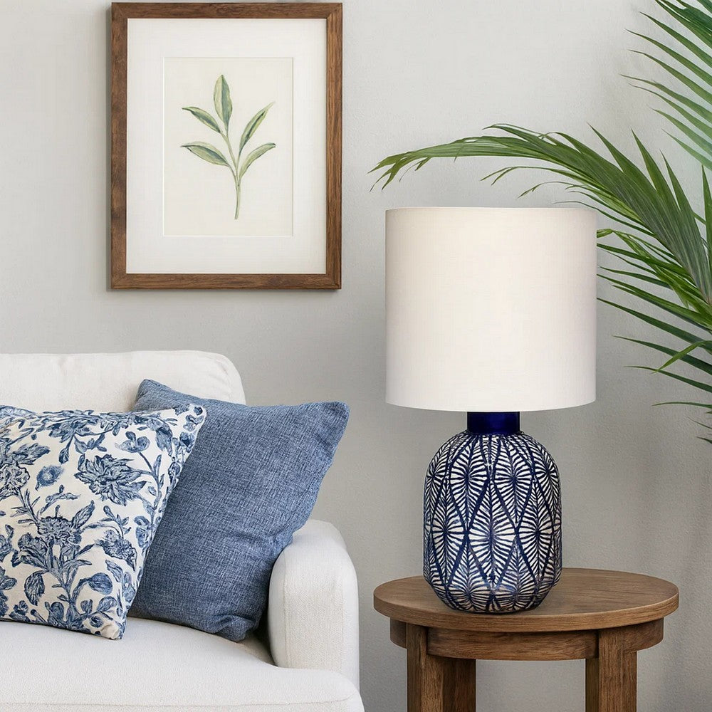 Benjara Hyla Accent Table Lamp, 17 Inch, Cream Linen, Blue Geometric Ceramic