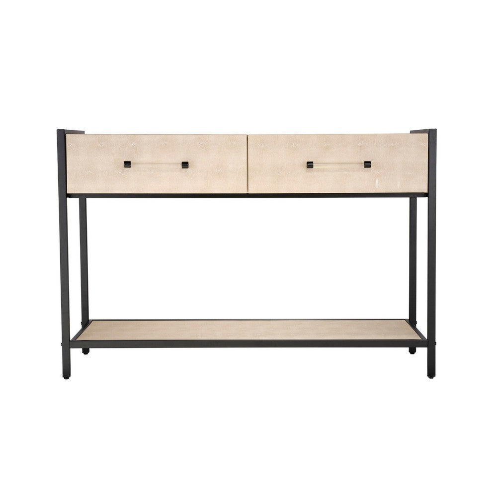 Benjara Caz 48 Inch 2 Drawers Sofa Console Table w Black Frame, Faux Leather