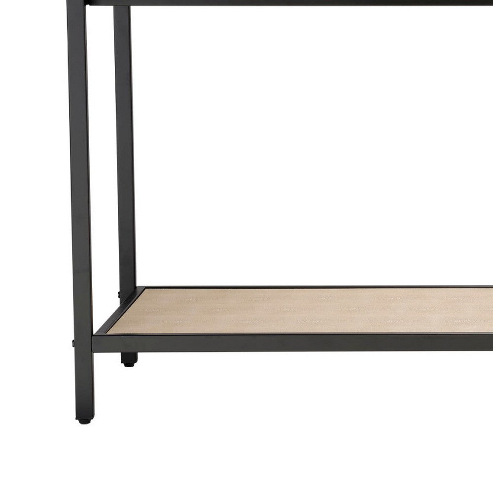 Benjara Caz 48 Inch 2 Drawers Sofa Console Table w Black Frame, Faux Leather