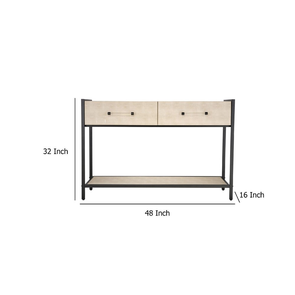 Benjara Caz 48 Inch 2 Drawers Sofa Console Table w Black Frame, Faux Leather
