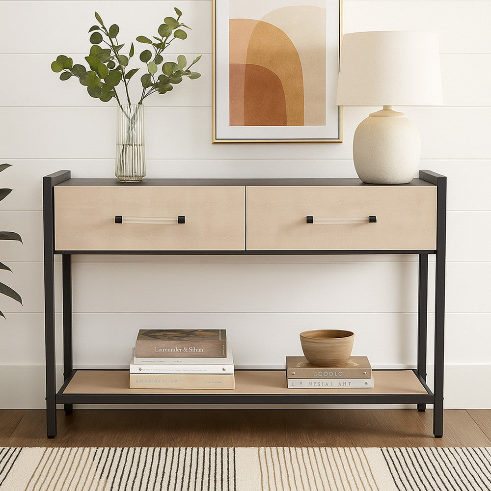 Benjara Caz 48 Inch 2 Drawers Sofa Console Table w Black Frame, Faux Leather