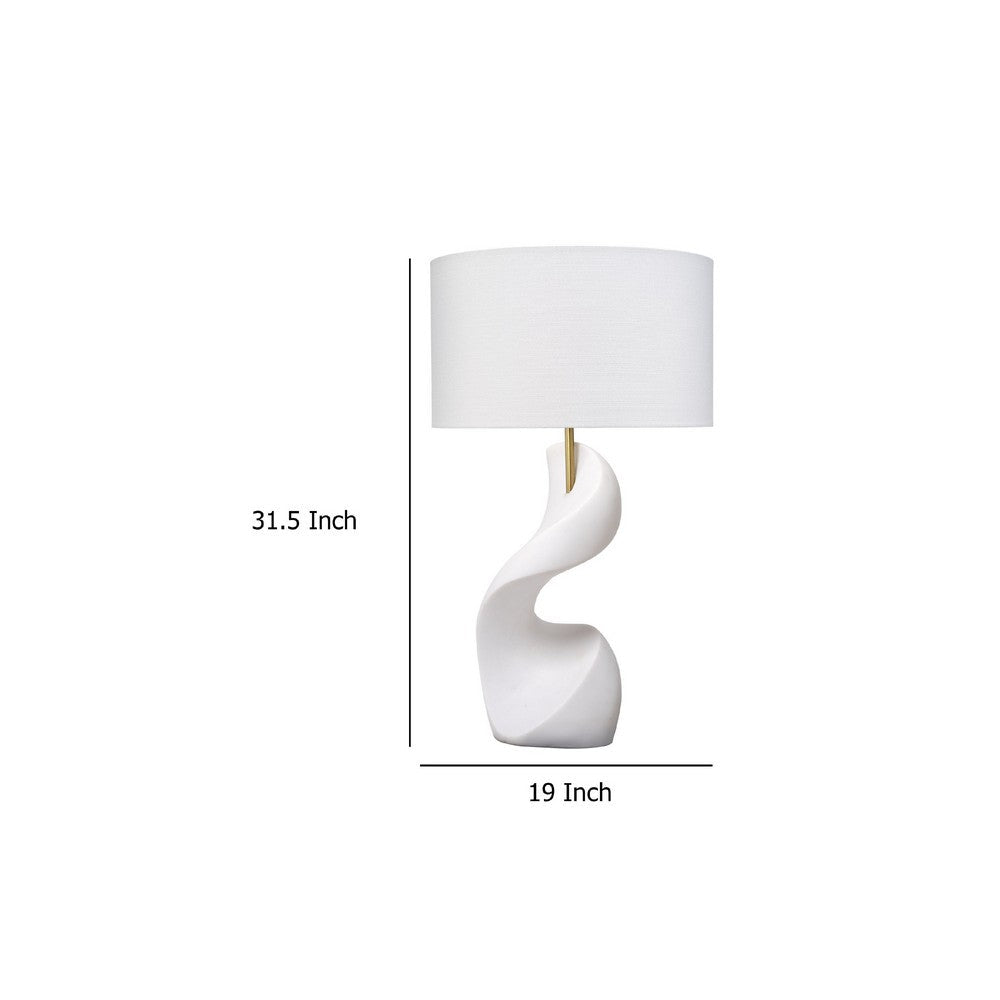 Benjara Koz Accent Table Lamp, Linen Shade, White Curved Sculpture 32 Inch