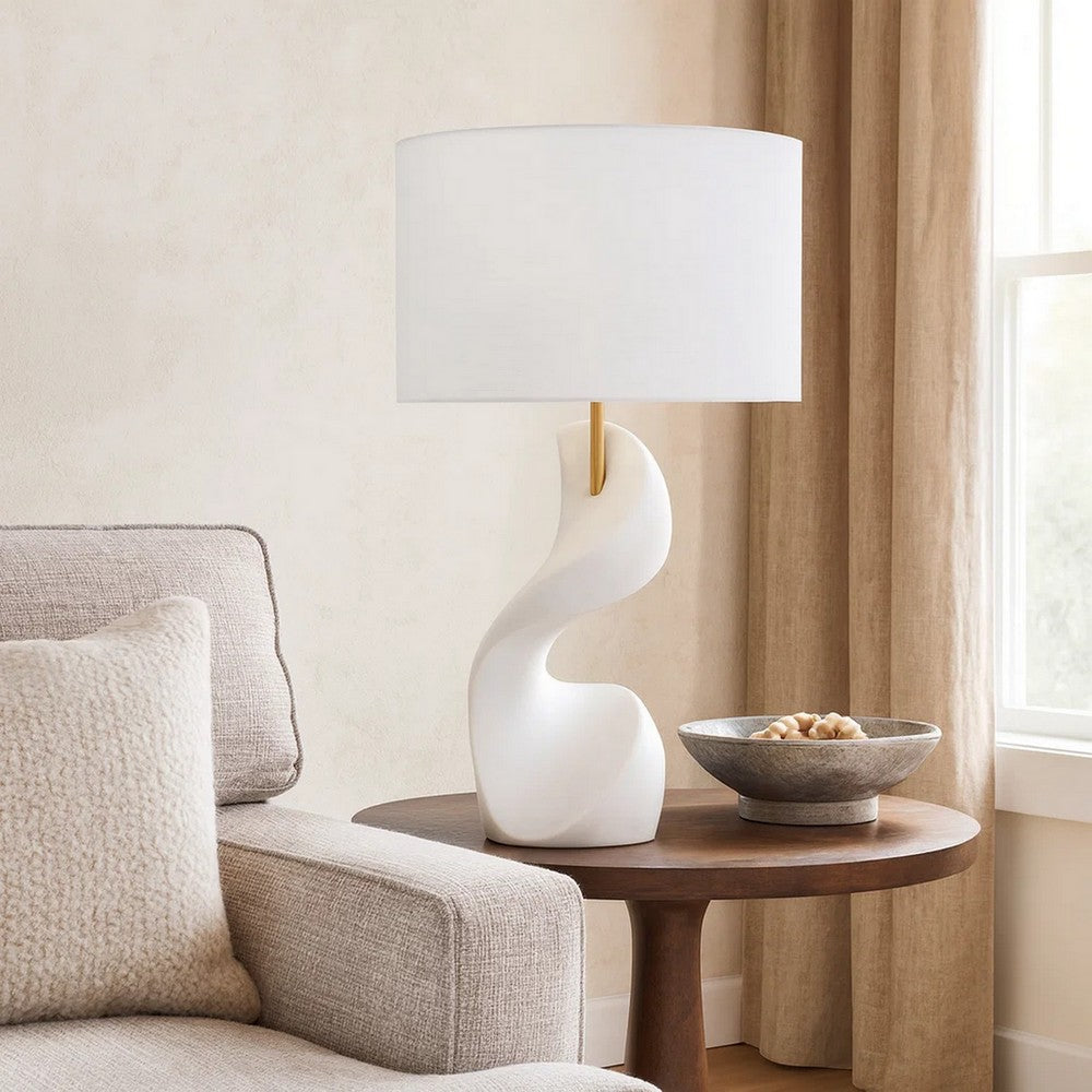 Benjara Koz Accent Table Lamp, Linen Shade, White Curved Sculpture 32 Inch