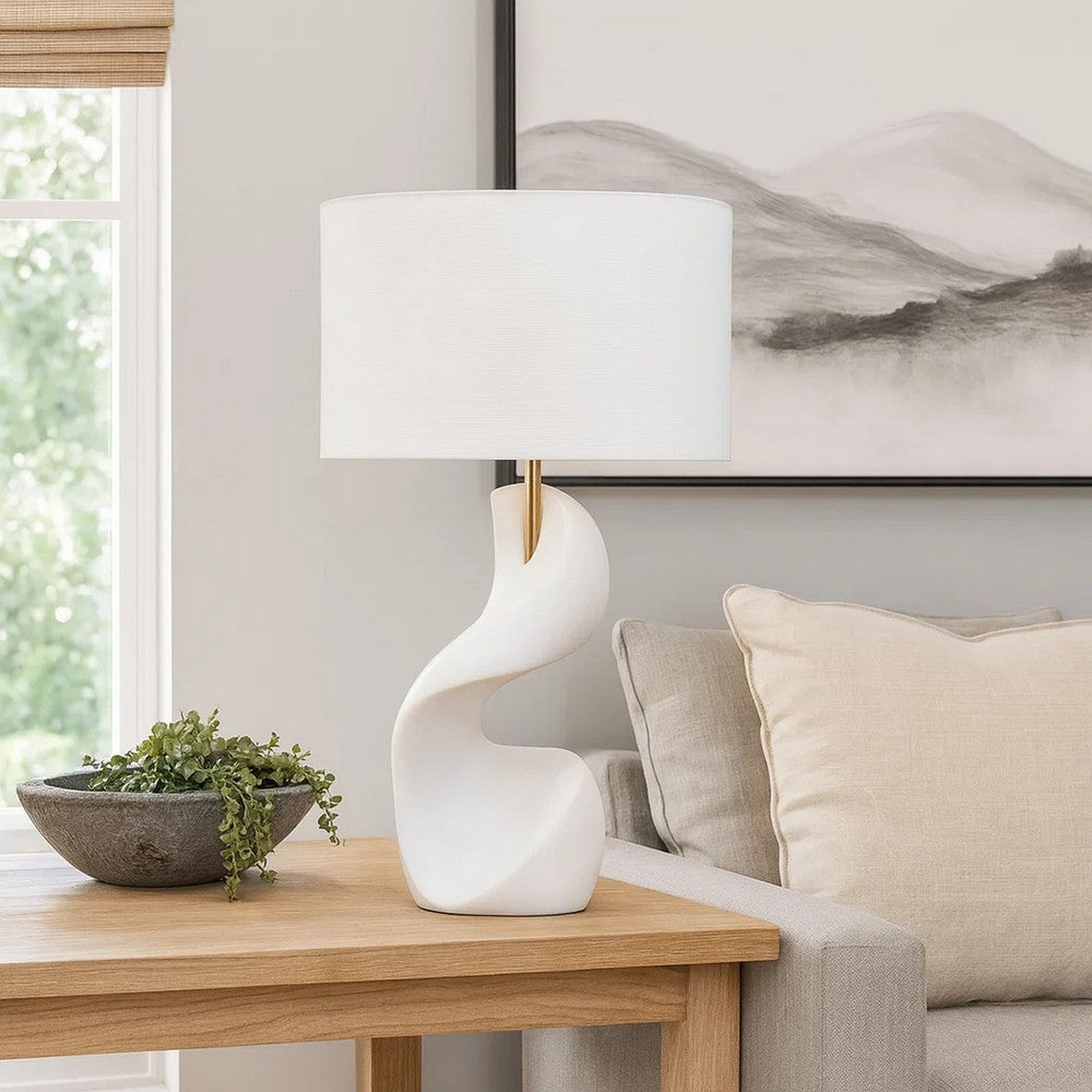 Benjara Koz Accent Table Lamp, Linen Shade, White Curved Sculpture 32 Inch