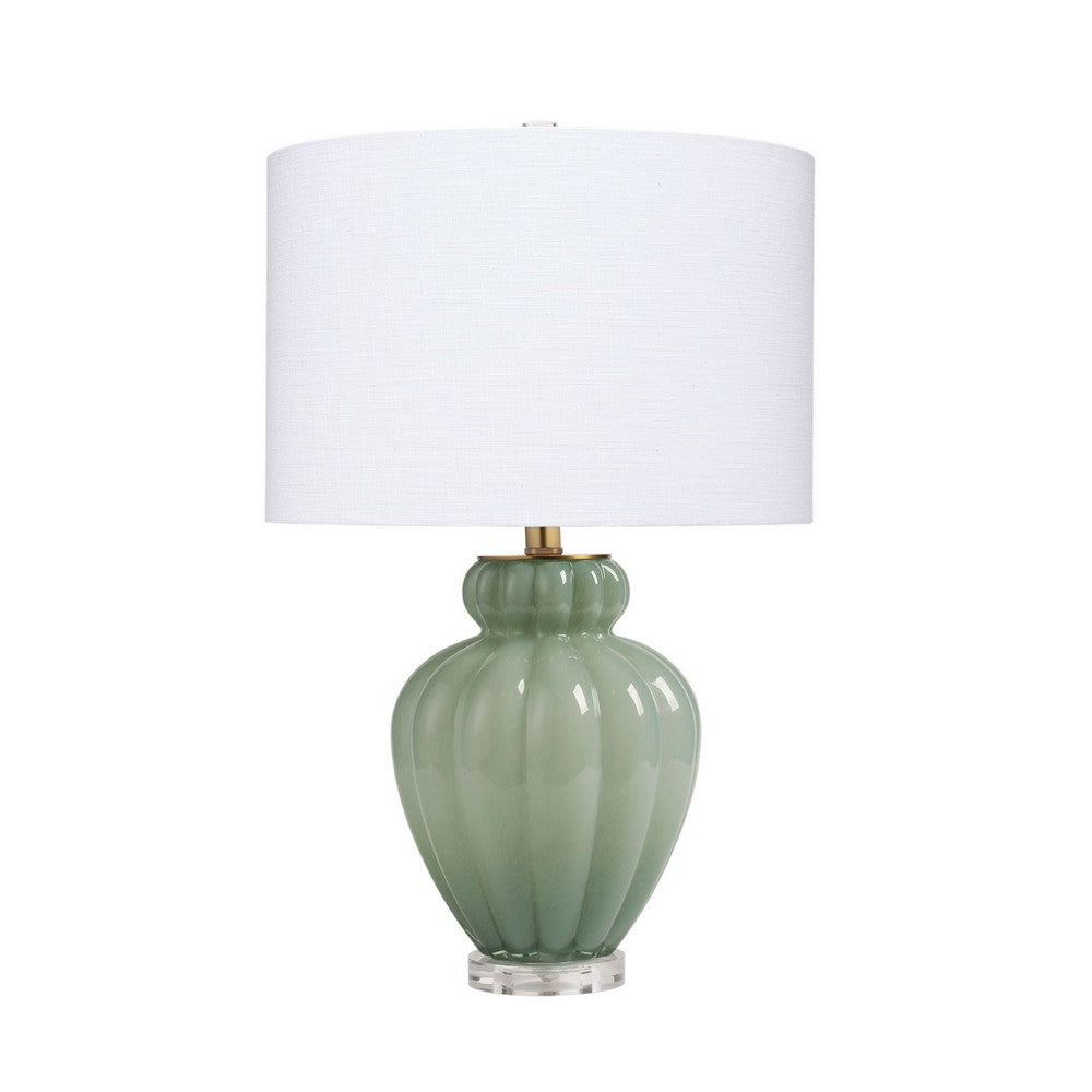 Benjara Aggy Accent Table Lamp, White Linen Shade, Green Glass Base 23 Inch