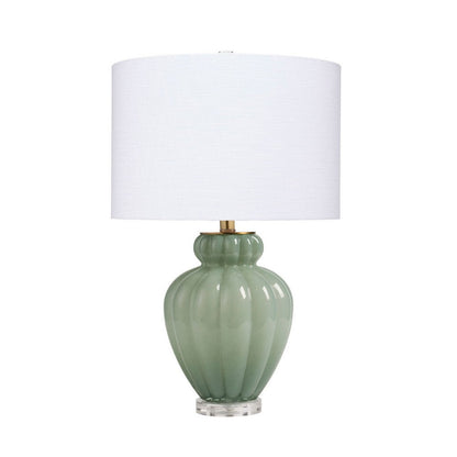 Benjara Aggy Accent Table Lamp, White Linen Shade, Green Glass Base 23 Inch