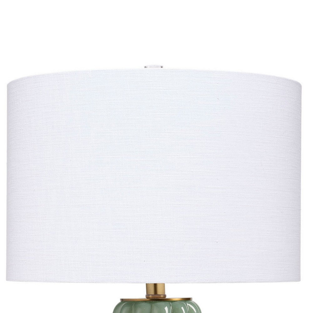 Benjara Aggy Accent Table Lamp, White Linen Shade, Green Glass Base 23 Inch