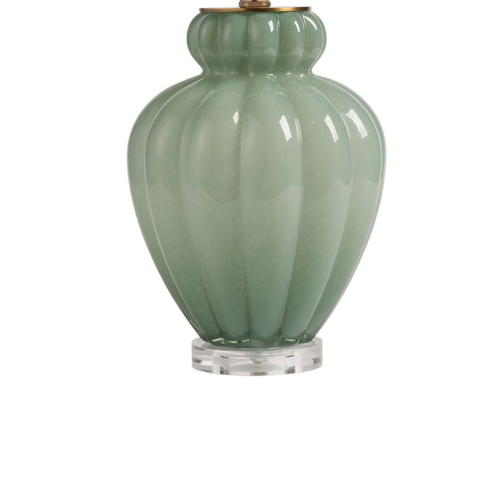 Benjara Aggy Accent Table Lamp, White Linen Shade, Green Glass Base 23 Inch
