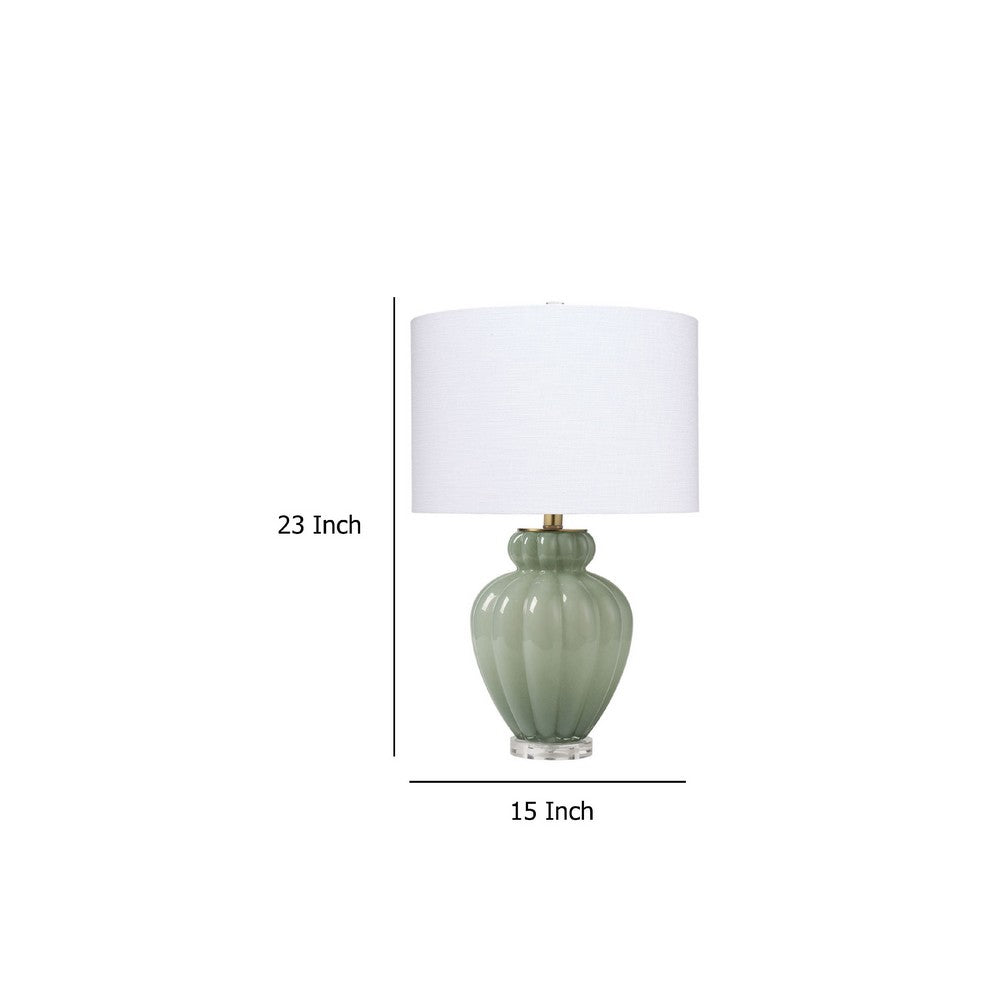 Benjara Aggy Accent Table Lamp, White Linen Shade, Green Glass Base 23 Inch