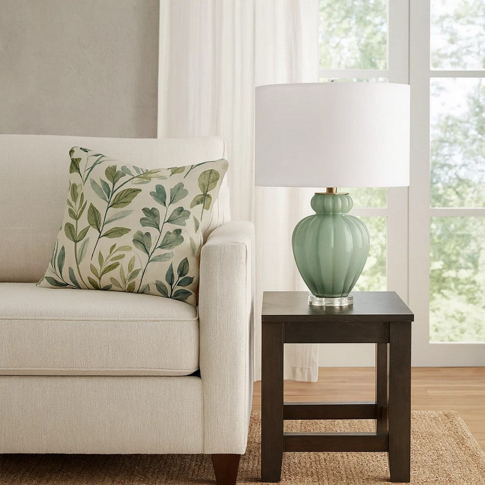 Benjara Aggy Accent Table Lamp, White Linen Shade, Green Glass Base 23 Inch
