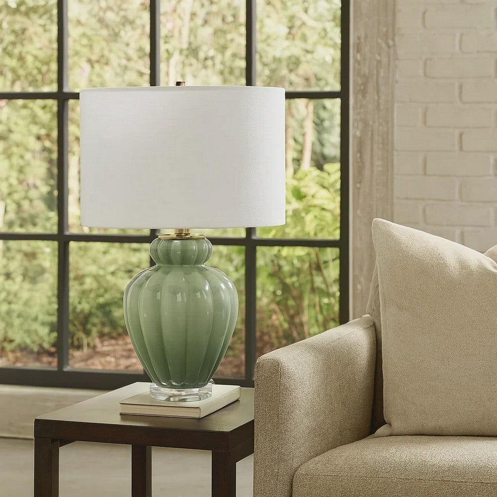 Benjara Aggy Accent Table Lamp, White Linen Shade, Green Glass Base 23 Inch