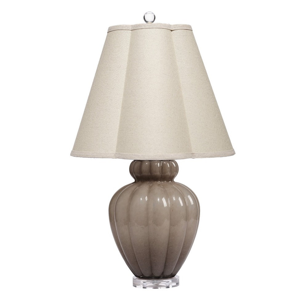 Benjara Aggy Accent Table Lamp, 23 Inch, Linen Scallop Shade, Taupe Glass Base