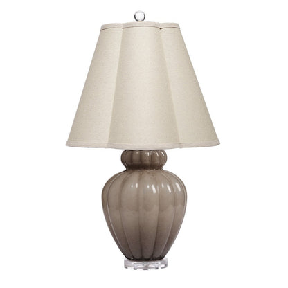 Benjara Aggy Accent Table Lamp, 23 Inch, Linen Scallop Shade, Taupe Glass Base