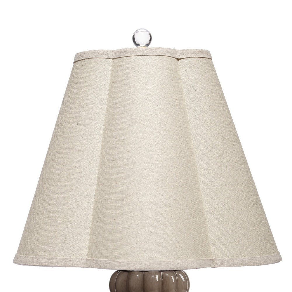 Benjara Aggy Accent Table Lamp, 23 Inch, Linen Scallop Shade, Taupe Glass Base