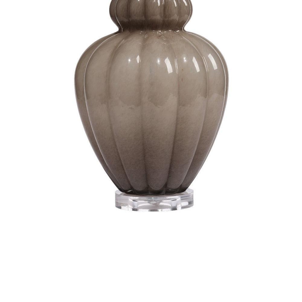 Benjara Aggy Accent Table Lamp, 23 Inch, Linen Scallop Shade, Taupe Glass Base