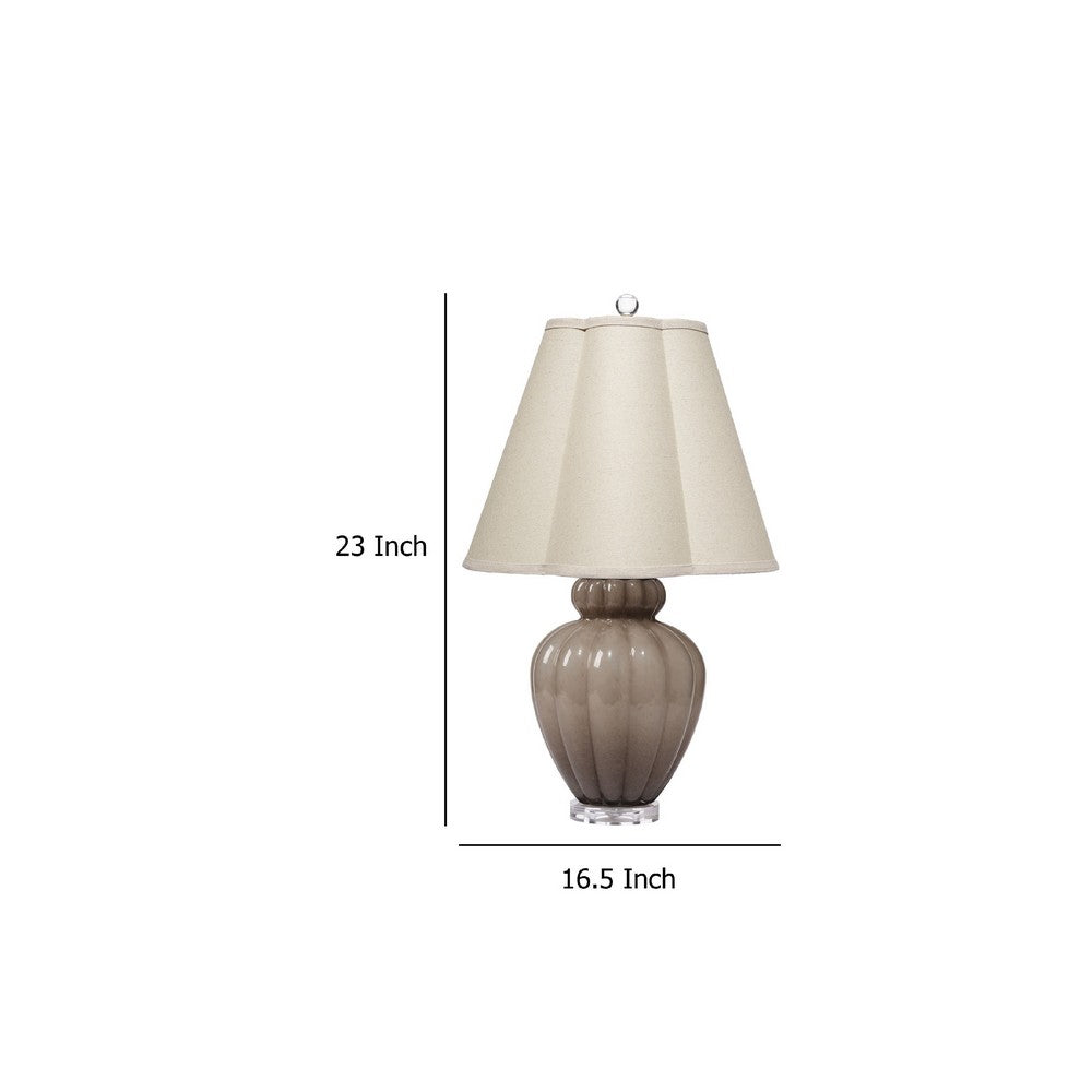 Benjara Aggy Accent Table Lamp, 23 Inch, Linen Scallop Shade, Taupe Glass Base