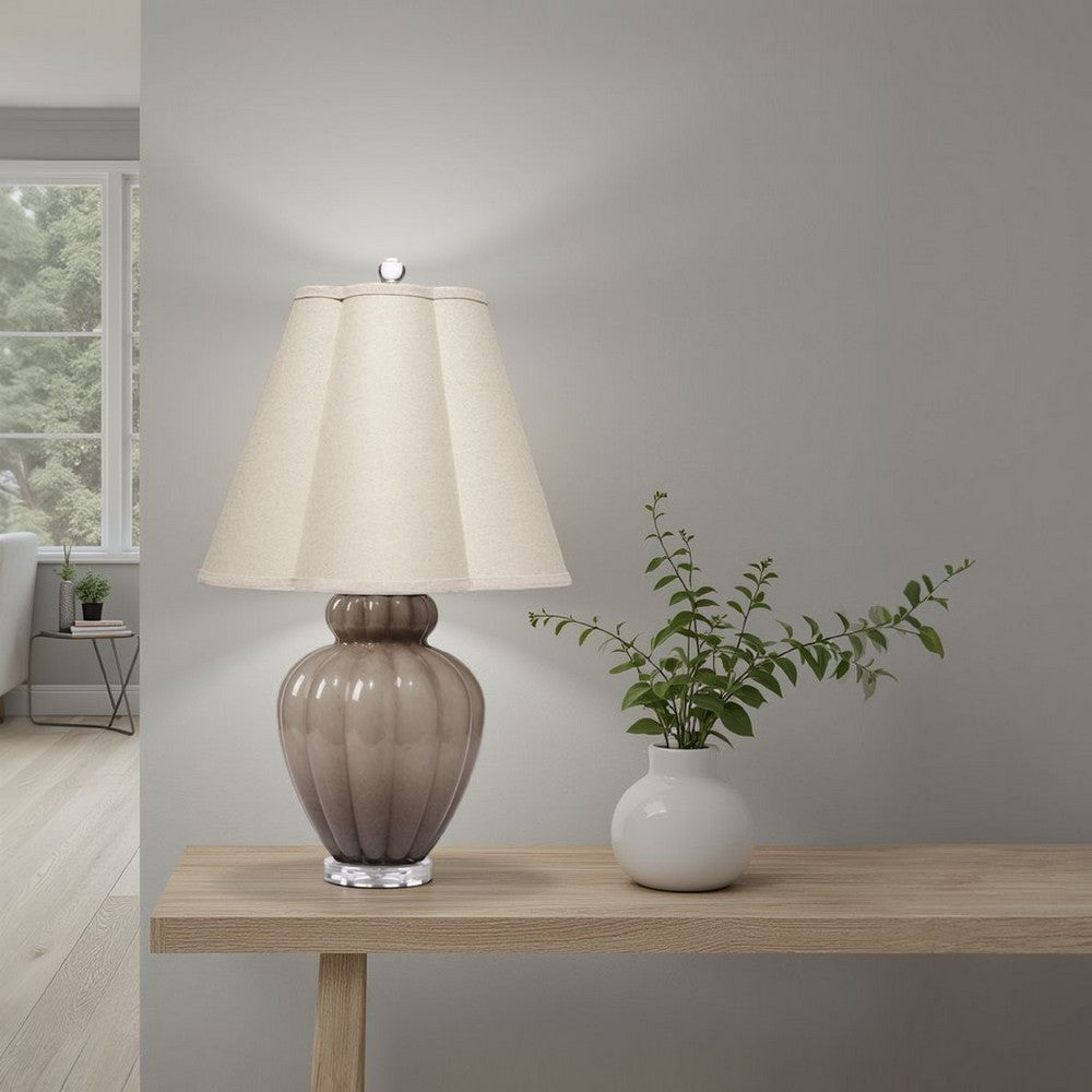 Benjara Aggy Accent Table Lamp, 23 Inch, Linen Scallop Shade, Taupe Glass Base