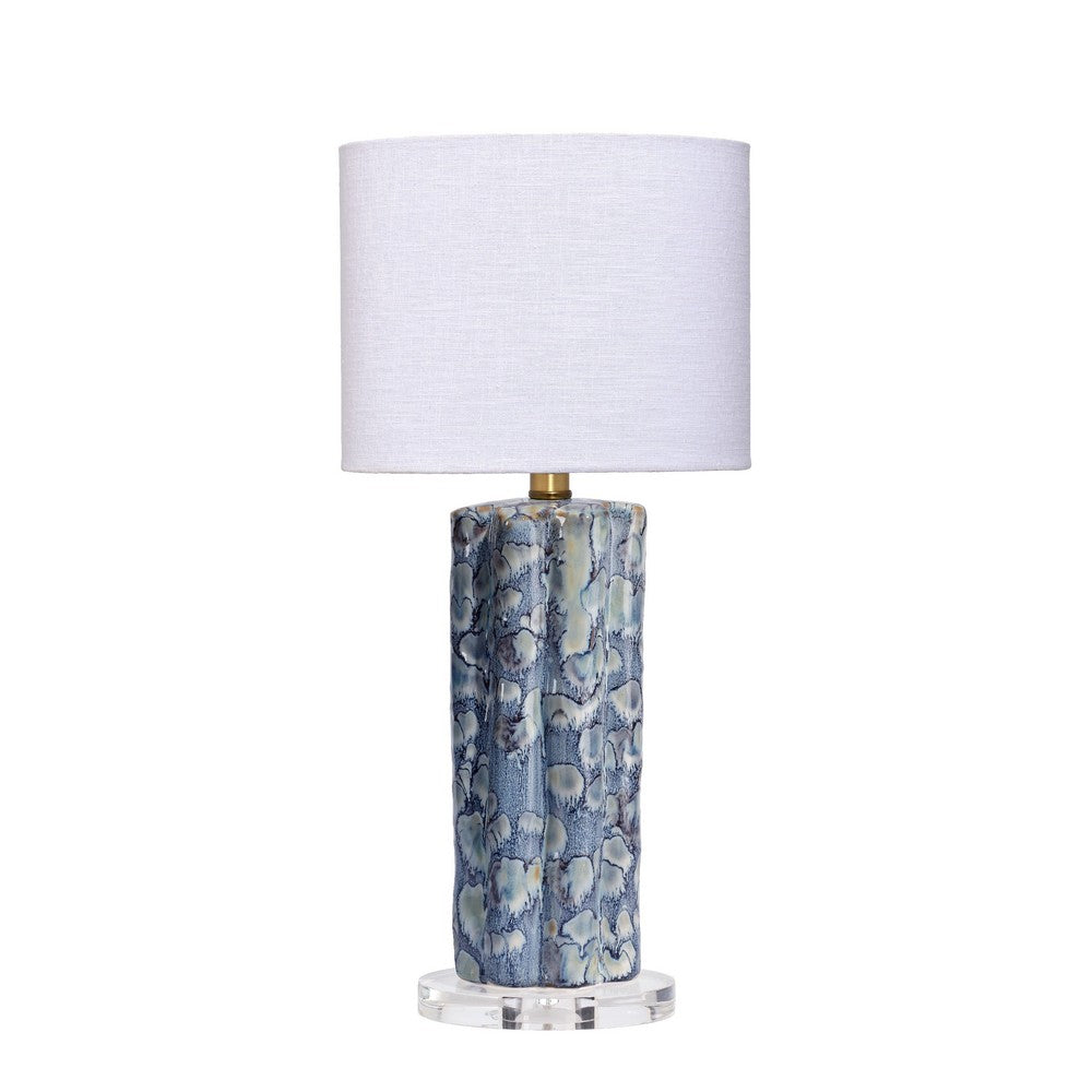 Benjara Flix Accent Table Lamp, 23 Inch, White Linen, Blue Scalloped Ceramic