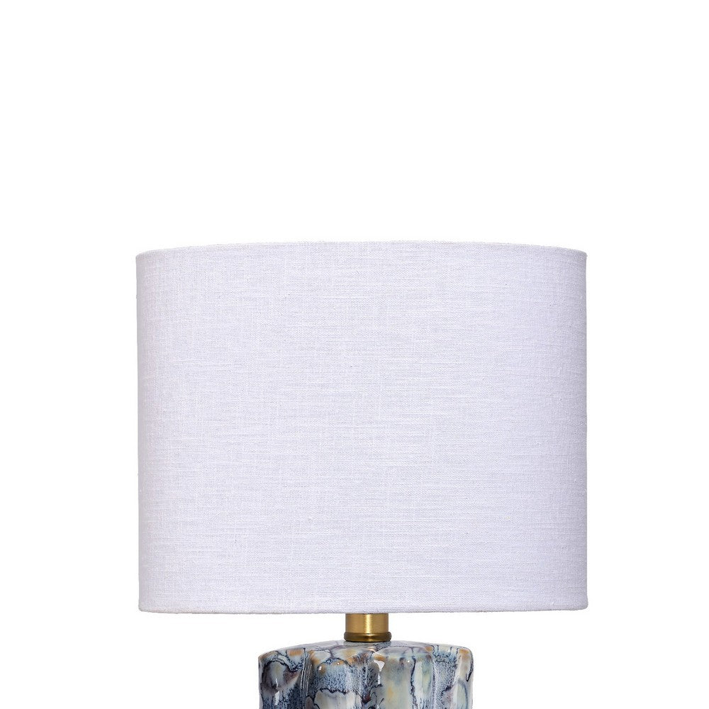 Benjara Flix Accent Table Lamp, 23 Inch, White Linen, Blue Scalloped Ceramic