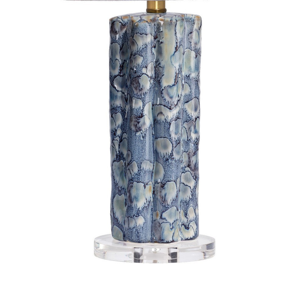 Benjara Flix Accent Table Lamp, 23 Inch, White Linen, Blue Scalloped Ceramic
