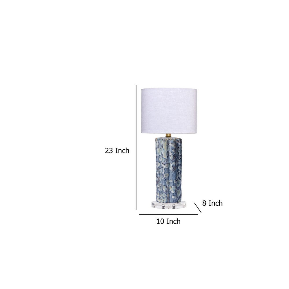 Benjara Flix Accent Table Lamp, 23 Inch, White Linen, Blue Scalloped Ceramic